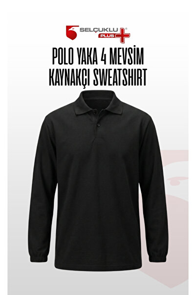 Selçuklu Plus Polo Yaka Kaynakçı Sweatshirt Siyah – Ön Yüz Kot Kumaş Arka Pen...