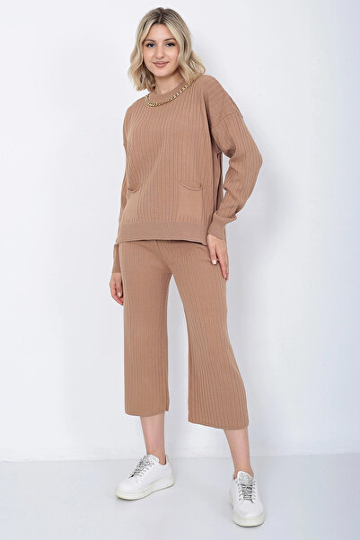 LUGMO Women's Knitwear Chain Pocket Sweater Trousers Set Oversized Mink