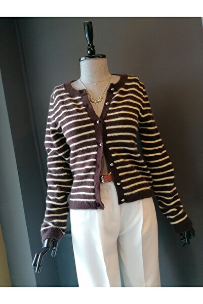 Nil's BUTİK Silver Color Buttoned Striped Standard Size Soft Cardigan