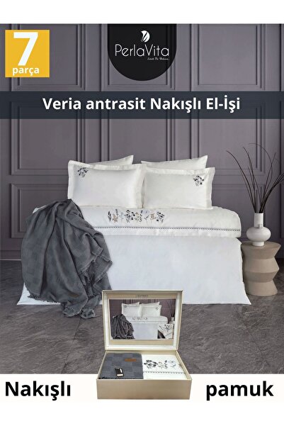 Dantela Veria Antrasit Nakışlı El-İşi Nevresim Takımı&Pike Seti