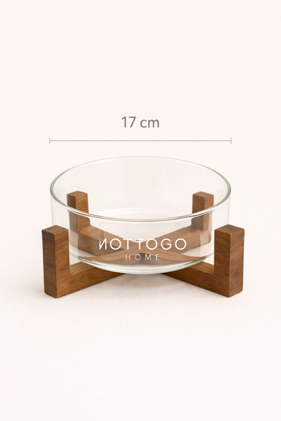 Mottó وعاء زجاجي 17 سم مع حامل خشبي |   وعاء للسلطة والتقديم والخدمة