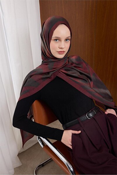 Silk Home Viskon Mayda Shawl Anthracite-Burgundy Wave Patterned Tok Duruşlu 1...