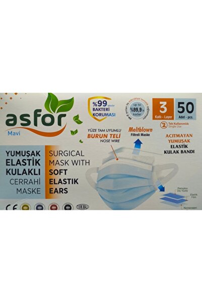 Asfor MAVİ RENK CERRAHİ MASKE 50 ADET
