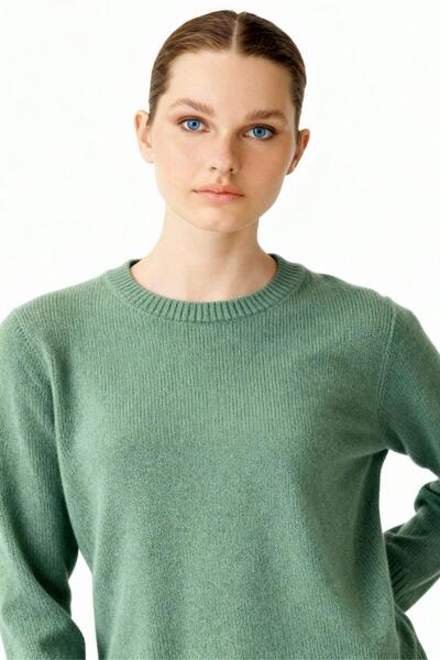 Desen Triko Women's Crew Neck Classic Wool Sweater Moss