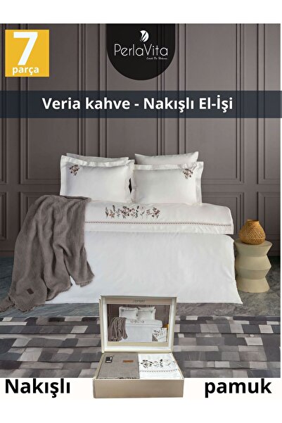 Dantela Veria Bej Nakışlı El-İşi Nevresim Takımı&Pike Seti