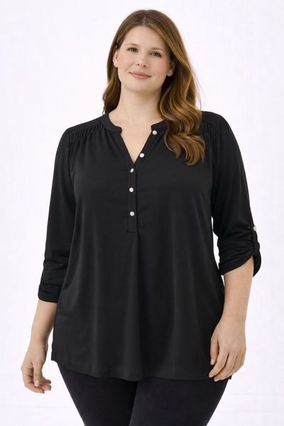 Şans Women's Plus Size Black, Adjustable Three Quarter Sleeve, Shoulder Crochet Detail Blouse 65N39281