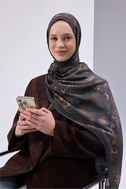 Silk Home Viskon Mayda Shawl Anthracite Background with Brown Tones Patterned...