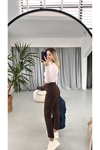 JAXEN NS-86393 Γυναικείο τζιν ψηλόμεσο καφέ χρώματος Mercan