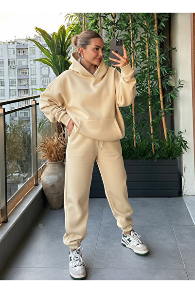 OKULCUBABA KADIN 3 İPLİK PAMUKLU YÜKSEK BEL JOGGER EŞOFMAN TAKIMI