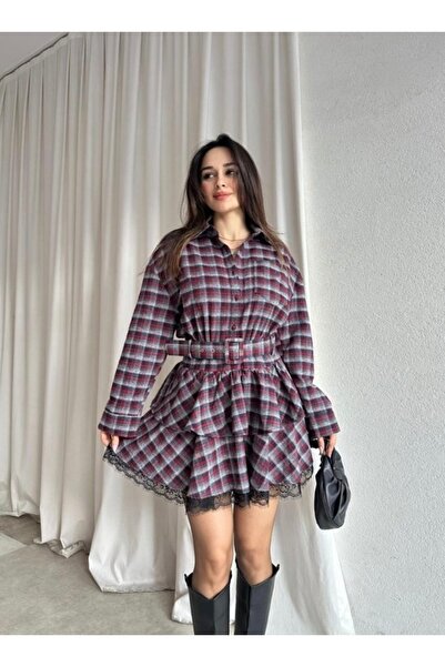 MOVELLA FASHİON Luccy Mini Dress with Plaid Lace Detail and Belt