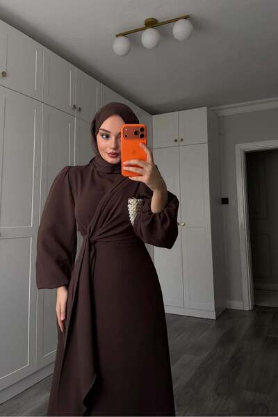 Rimel Moda Bağlamalı Elbise Kahverengi