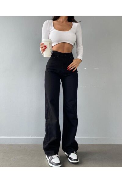 JAXEN بنطلون جينز نسائي أسود عالي الخصر من الليكرا NS-15716