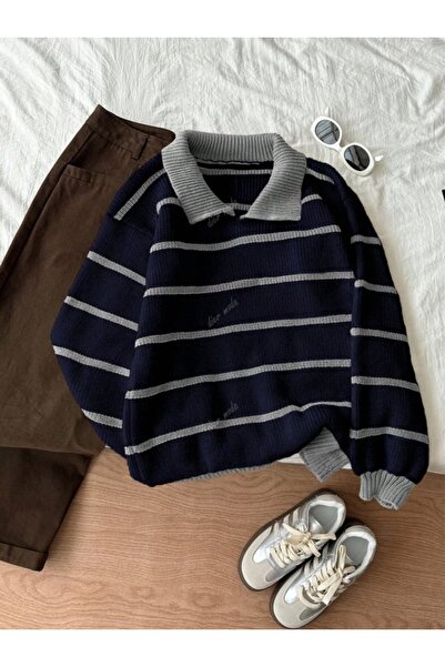 Dier Moda Gray Navy Blue Thessaloniki Knitted Polo Neck Oversized Knitwear Sw...