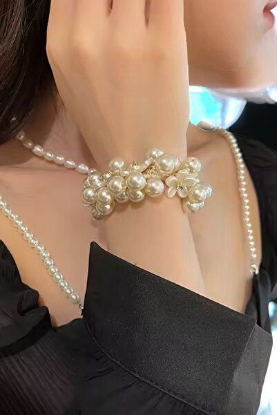 PETEK AKSESUAR Quality Full Pearl Flower Rubber Band Bracelet