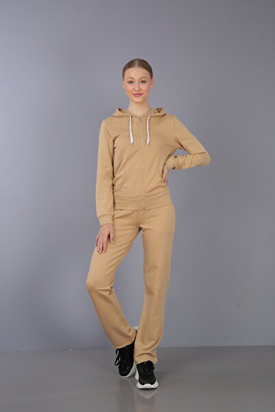 Kallisto Beige Hooded Front Zipper Tracksuit Set