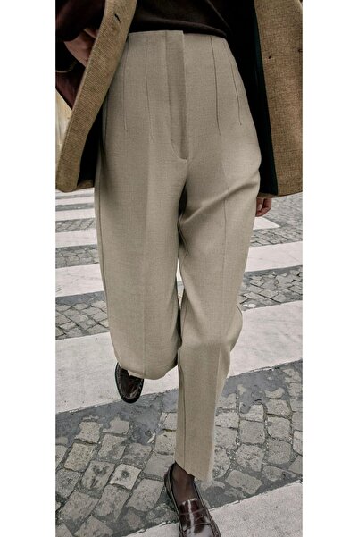 Meşe Moda PANTALONI BEJ talie înaltă PENSLİ