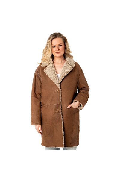 mauritius Women's Long Winter Leather Jacket Camel MWXofia