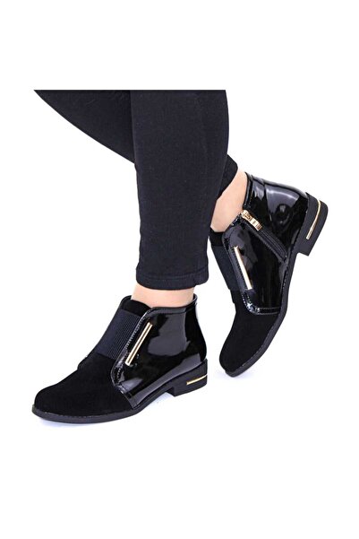 mm Botine de dama cu banda elastica decorativa si fermoar lateral 11318-BLACK