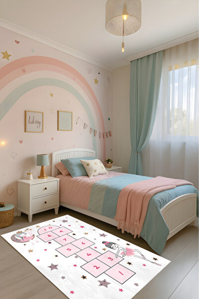 Bebişim Halı Balerin Seksekli Kız Çocuk Halısı – Kaymaz Taban, Yıkanabilir, O...