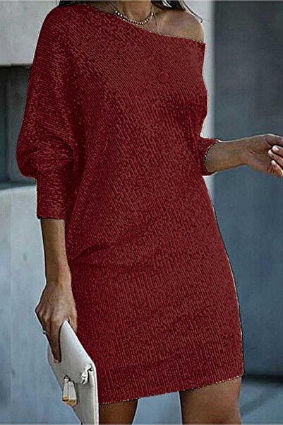 elissaa KAYIK YAKA UZUN KOLLU PUL PAYET MİNİ ELBİSE