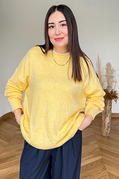 Cappmoda TRK-5326 Sarı Yumoş Dokulu Oversize Triko Kazak