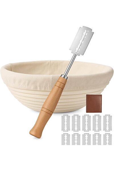 Arabest Bakery Round Banneton Proofing Basket and Bread Lame Set – 9 Inch Natural Rattan Bread Basket