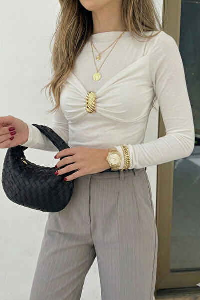 oshebu Bluză elegantă pentru femei, cu mânecă lungă, cu detaliu de cataramă la piept