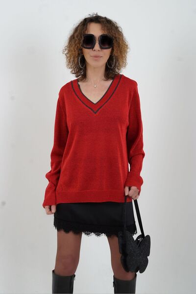 Zelish My Sister Red V Striped Collar Glitter Knit Sweater