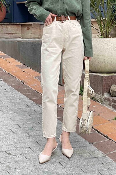 JAXEN NS-70688 Pantaloni Mom Jean pentru femei, bej