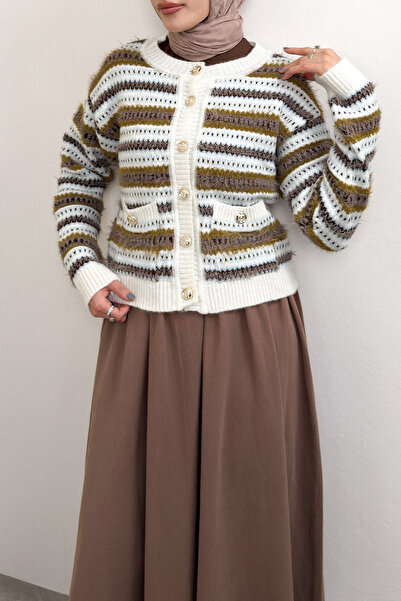 Salih Çelebi Striped Buttoned Knitwear Cardigan 07417 - Brown