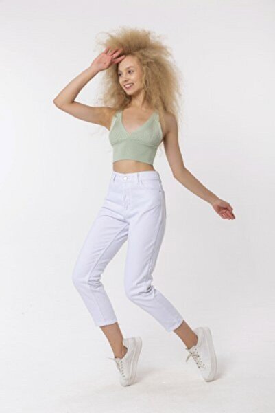 JAXEN Ns-58253 White Stretch Fabric High Waist Mom Jeans