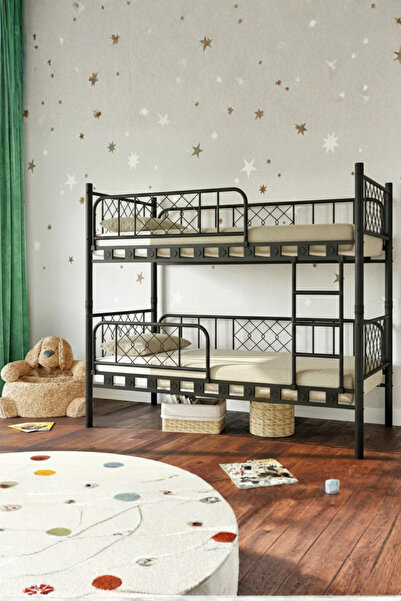 ARGİMO Metis Siyah Çift Katlı Ekstra Korkuluklu Güvenlikli Ranza 90x200