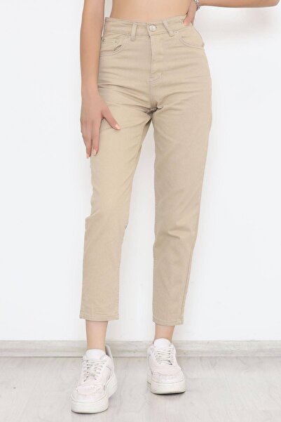 JAXEN Ns-19075 Beige Stretch Fabric Mom Jean High Waist Trousers