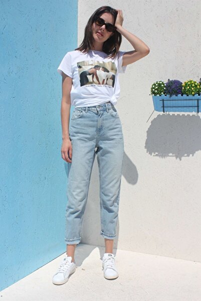 JAXEN NS-19714 Blugi pentru femei, albastru deschis, model Mom Fit