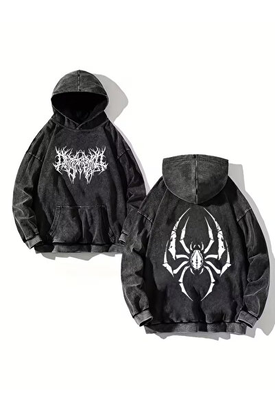 Touz Moda Spider Retro Printed Vintage Hooded Sweatshirt