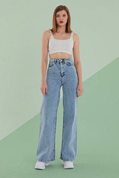 JAXEN NS-42476 Casual Light Blue Acid Wash Super High Waist φαρδύ μπατζάκι Co...