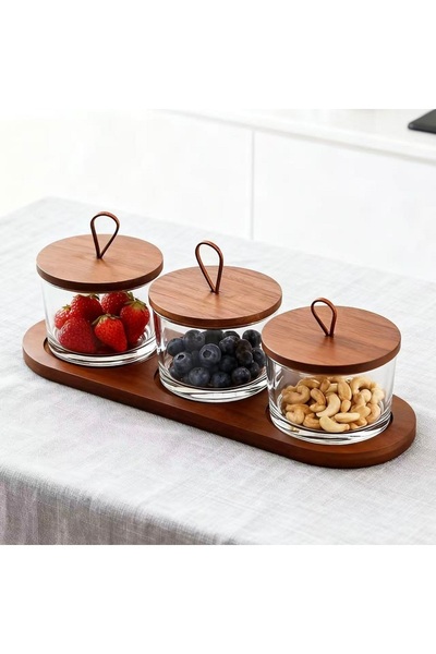 KB خزان تخزين زجاجي دائري شفاف بغطاء خشبي بني اللون وخزان تخزين محكم الإغلاق.