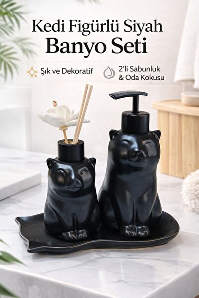 ARVALE Kedi Temalı Dekoratif Banyo Seti – Sabunluk ve Oda Kokusu