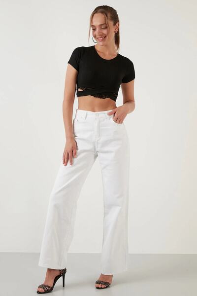 JAXEN Ns-85437 White Super High Waist Loose Straight Jeans Palazzo Pants Wide Leg