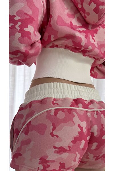 Gofeel Ροζ Γυναικείο Σετ με Φερμουάρ, Κουκούλα και Σορτς με Σχέδιο Καμουφλάζ ...