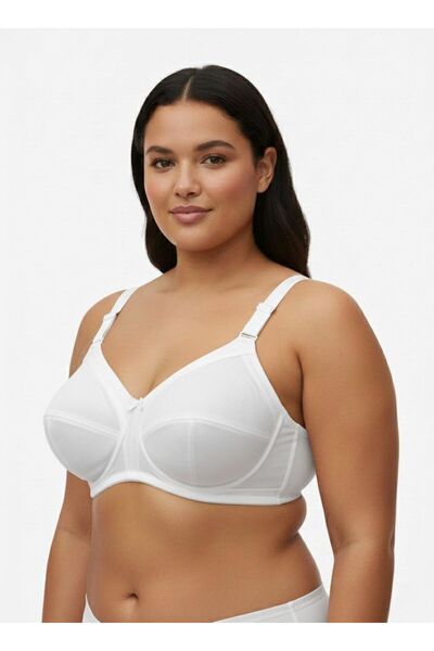enmodaiçgiyim White Plus Size D Cup Wire Free Non-Padded Shaping / Sculpting Minimizer Bra - Self Patterned Comfortable Form