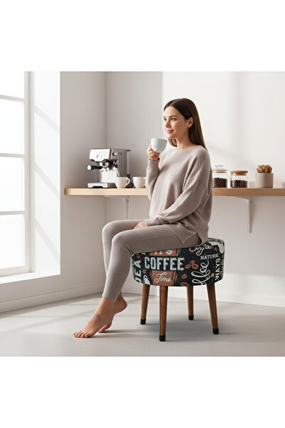 ustaagac Kahve Desenli Puf Tabure – Retro Coffee Tasarım, Ahşap Ayaklı