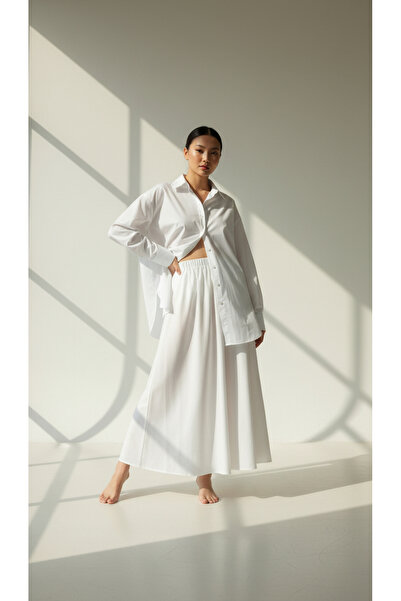 snmbutik Kadın Beyaz Uzun Astar Etek | Lastikli Bel İçlik Etek