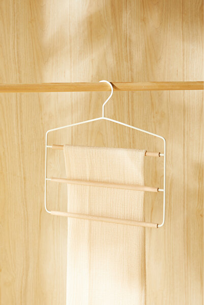 Ocean Home Textile 3 Katlı Ahşap Destekli Mat Beyaz Metal Elbise Kıyafet Askısı, Giysi Askısı 32x36.5x0.47