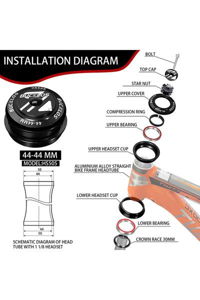 BUCKLOS طقم سماعة رأس دراجة هوائية أسود مقاس 44-44 مم، محامل مغلقة مقاس 1-1/8...