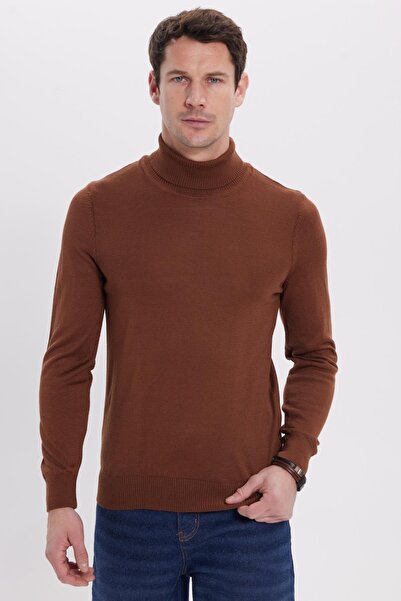 Tudors Slim Fit full throat collar plain wool brown men's knitwear sweater