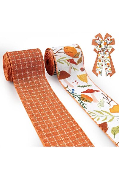Choice شريط من قماش الخيش الخريفي مقاس 2.5 بوصة × 5 ياردات، بنمط A، بطول 2.5 بوصة، مناسب لتزيين أكاليل الزهور، بنقشة مربعات برتقالية وأوراق خريفية، وحافة سلكية.