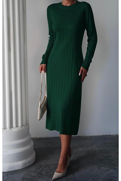 Maysev Midi Boy Ribana Örgü Çizgili Bisiklet Yaka Slim Fit Kalıp Uzun Kollu K...