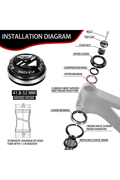 BUCKLOS سماعة رأس دراجة سوداء مقاس 41.8-52 مم، 1-1/8 بوصة، محمل مغلق، مصنوعة ...