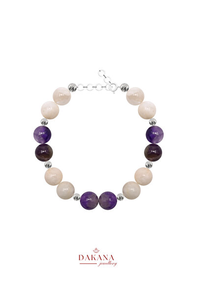 DAKANA JEWELLERY Sertifikalı Ametist ve Ay Taşı Gümüş 8 mm Doğal Taş Bileklik